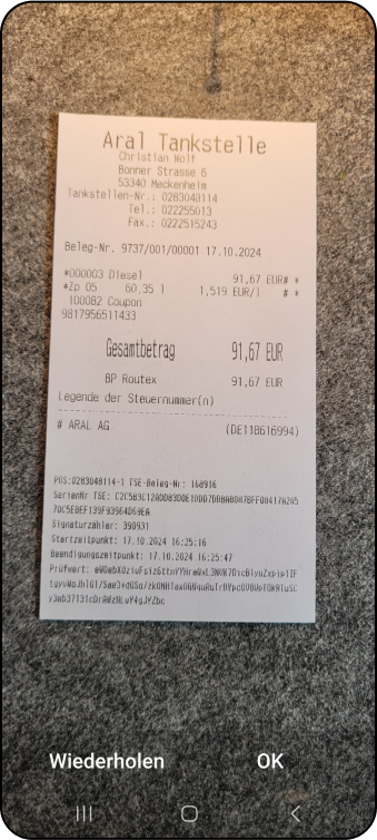 Screenshot: Beleg zuschneiden