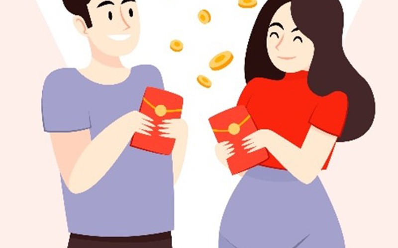  Illustration eines Mannes und einer Frau, die sich gegenüberstehen und jeweils einen roten Geldumschlag halten, mit Münzen zwischen ihnen 