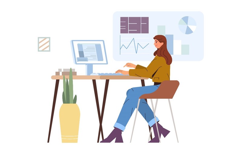 Frau arbeitet am Computer mit Diagrammen und Daten-Dashboard im Hintergrund.