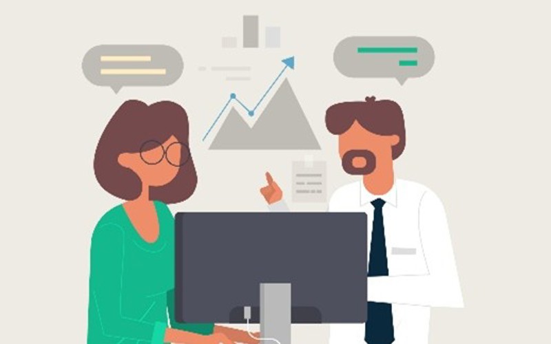Illustration von zwei Personen am Computer mit Diagramm und Sprechblasen im Hintergrund 