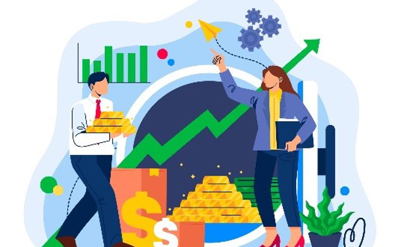Grafische Darstellung von Investment und Gewinnentwicklung mit Balkendiagramm und Geldstapel